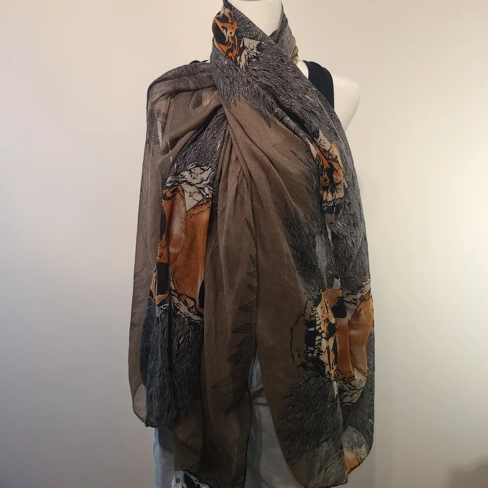 Lightweight SKULL Brown and Gray Scarf - Picture 2 of 6